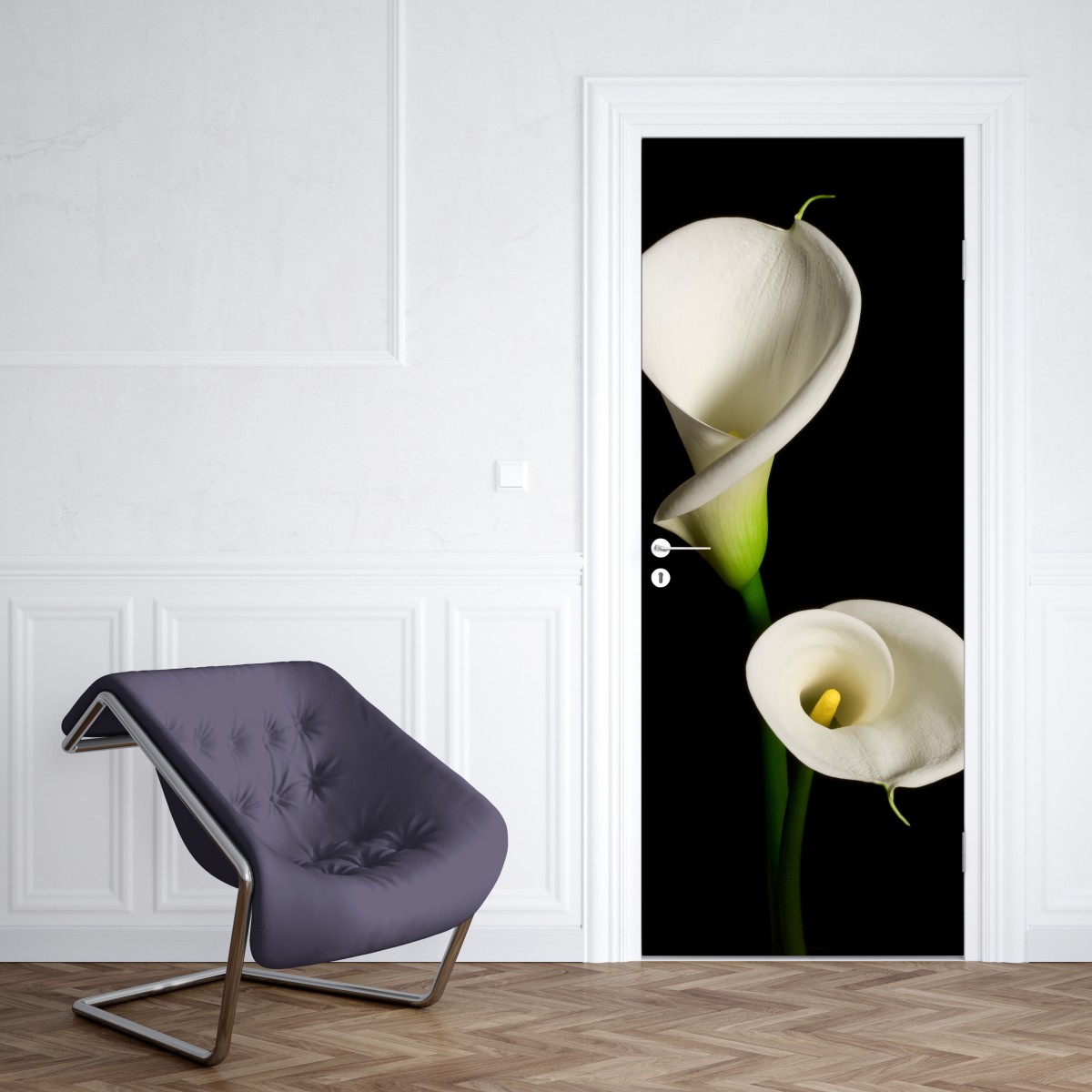 Naklejka na drzwi białe kalie na czarnym tle – Wallissimo® Naklejka na drzwi białe kalie na czarnym tle – Wallissimo®