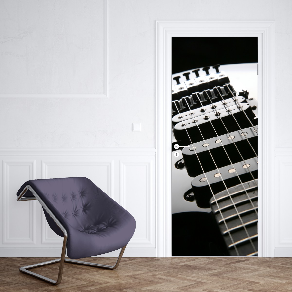 Naklejka na drzwi zbliżenie czarnej gitary elektrycznej – Wallissimo® Naklejka na drzwi zbliżenie czarnej gitary elektrycznej – Wallissimo®