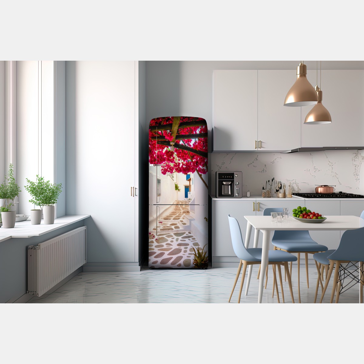 Naklejka na lodówkę słoneczna uliczka grecka z bugenwillą – Wallissimo® Naklejka na lodówkę słoneczna uliczka grecka z bugenwillą – Wallissimo®