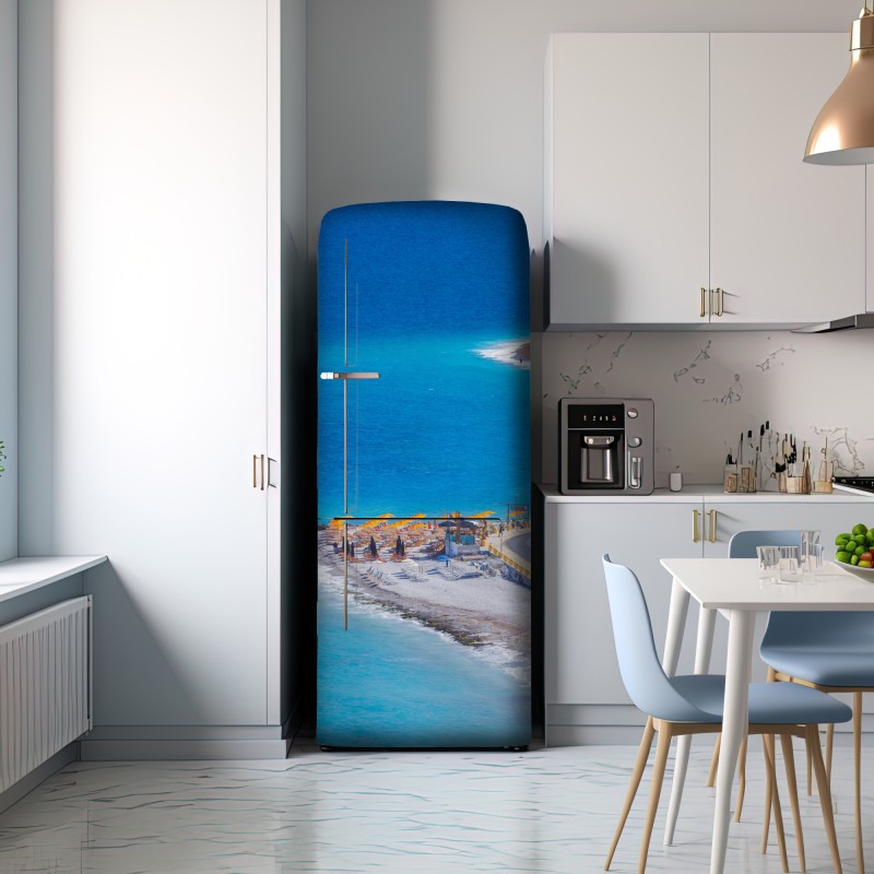 Naklejka na lodówkę Rodos plaża z kolorowymi parasolami – Wallissimo® Naklejka na lodówkę Rodos plaża z kolorowymi parasolami – Wallissimo®