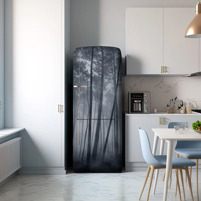 Naklejka na lodówkę mglisty sosnowy las nocą – Wallissimo® Naklejka na lodówkę mglisty sosnowy las nocą – Wallissimo®