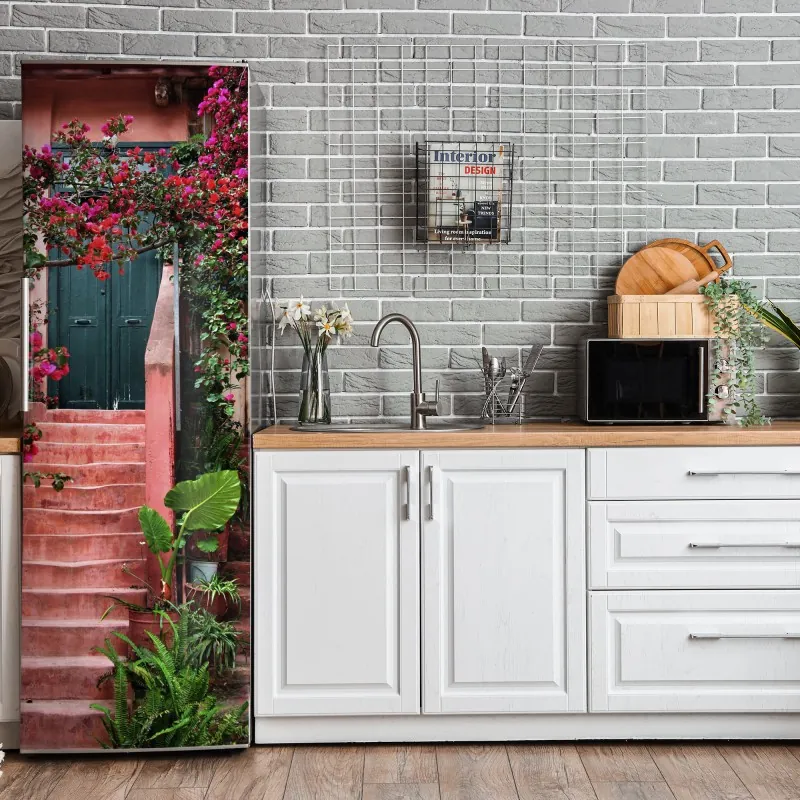 Naklejka na lodówkę różowe akwarelowe kwiaty na czarnym tle – Wallissimo®