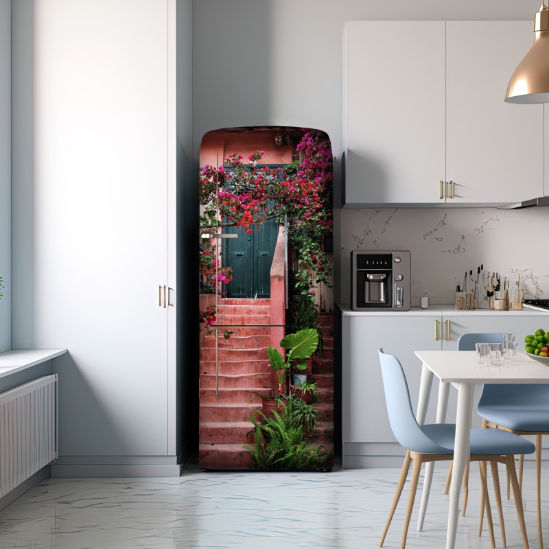 Naklejka na lodówkę schody z bugenwillą i zielenią – Wallissimo® Naklejka na lodówkę schody z bugenwillą i zielenią – Wallissimo®