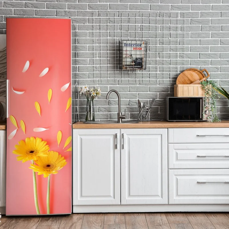 Naklejka na lodówkę słoneczne żółte gerbery na koralowym tle – Wallissimo® Naklejka na lodówkę słoneczne żółte gerbery na koralowym tle – Wallissimo®