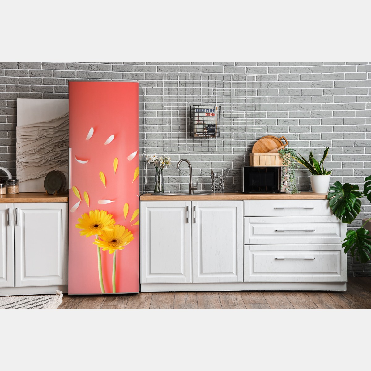 Naklejka na lodówkę słoneczne żółte gerbery na koralowym tle – Wallissimo® Naklejka na lodówkę słoneczne żółte gerbery na koralowym tle – Wallissimo®