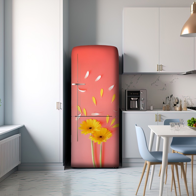 Naklejka na lodówkę słoneczne żółte gerbery na koralowym tle – Wallissimo® Naklejka na lodówkę słoneczne żółte gerbery na koralowym tle – Wallissimo®