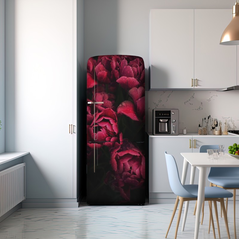 Naklejka na lodówkę głębokie bordowe kwiaty z kroplami wody – Wallissimo® Naklejka na lodówkę głębokie bordowe kwiaty z kroplami wody – Wallissimo®