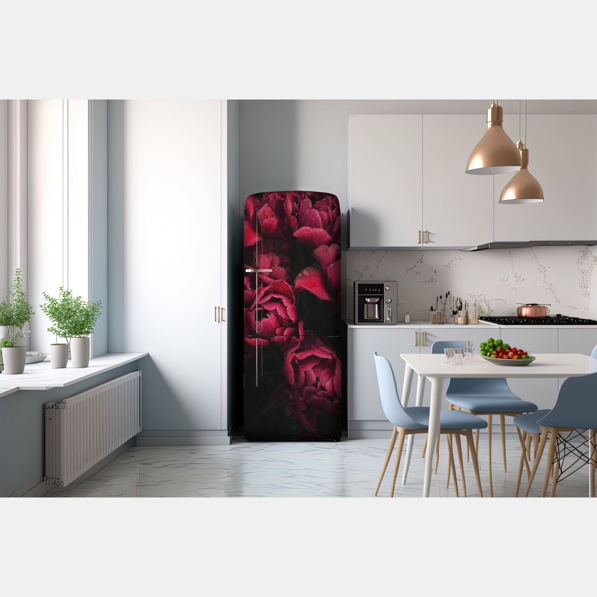 Naklejka na lodówkę głębokie bordowe kwiaty z kroplami wody – Wallissimo® Naklejka na lodówkę głębokie bordowe kwiaty z kroplami wody – Wallissimo®