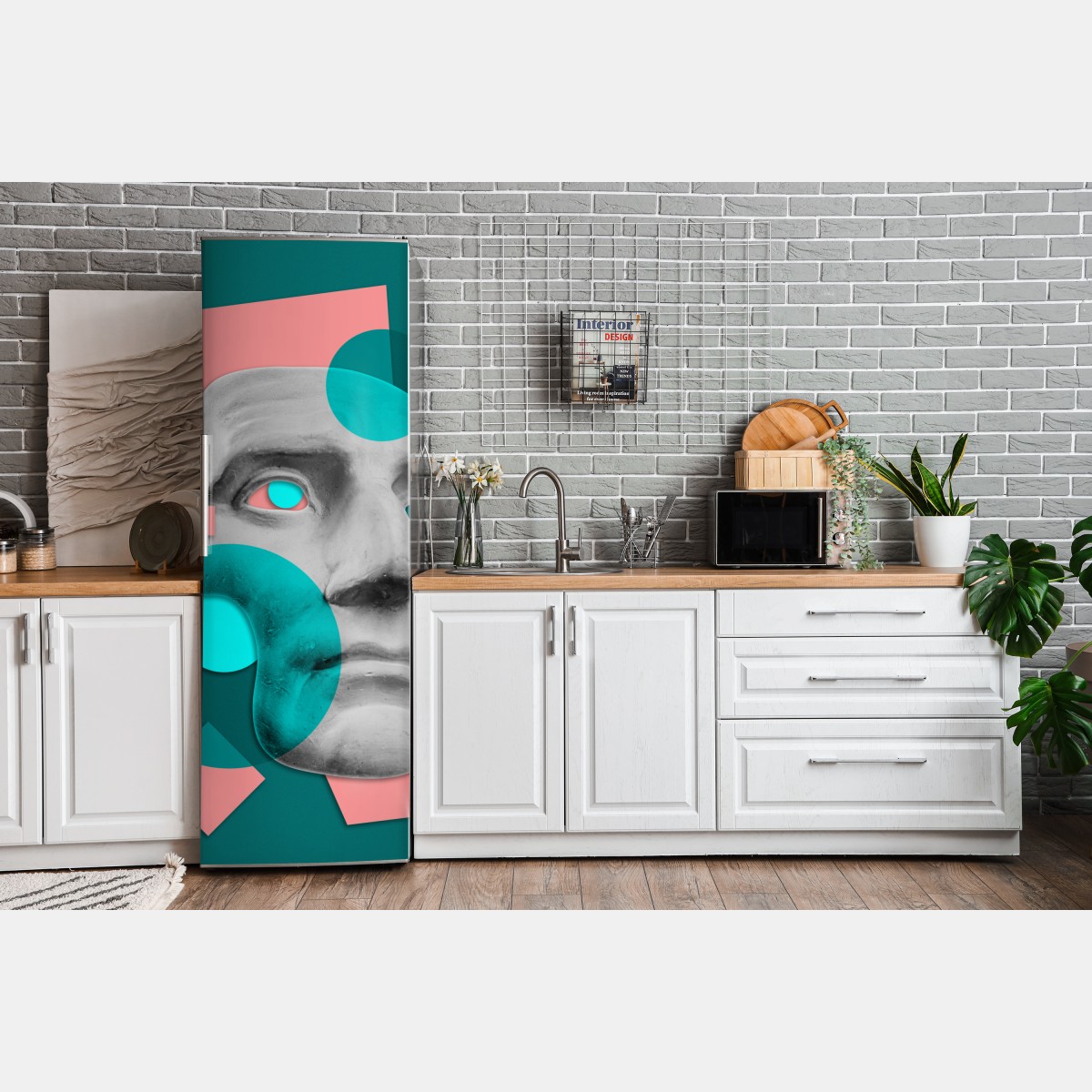 Naklejka na lodówkę abstrakcyjna klasyczna maska w turkusie i różu – Wallissimo® Naklejka na lodówkę abstrakcyjna klasyczna maska w turkusie i różu – Wallissimo®