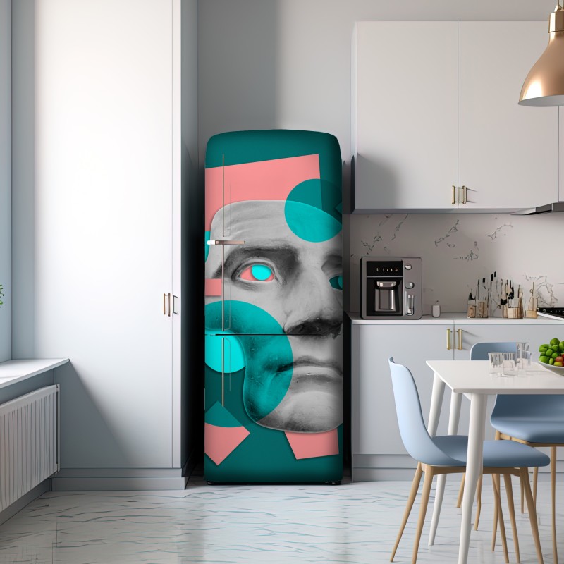 Naklejka na lodówkę abstrakcyjna klasyczna maska w turkusie i różu – Wallissimo® Naklejka na lodówkę abstrakcyjna klasyczna maska w turkusie i różu – Wallissimo®