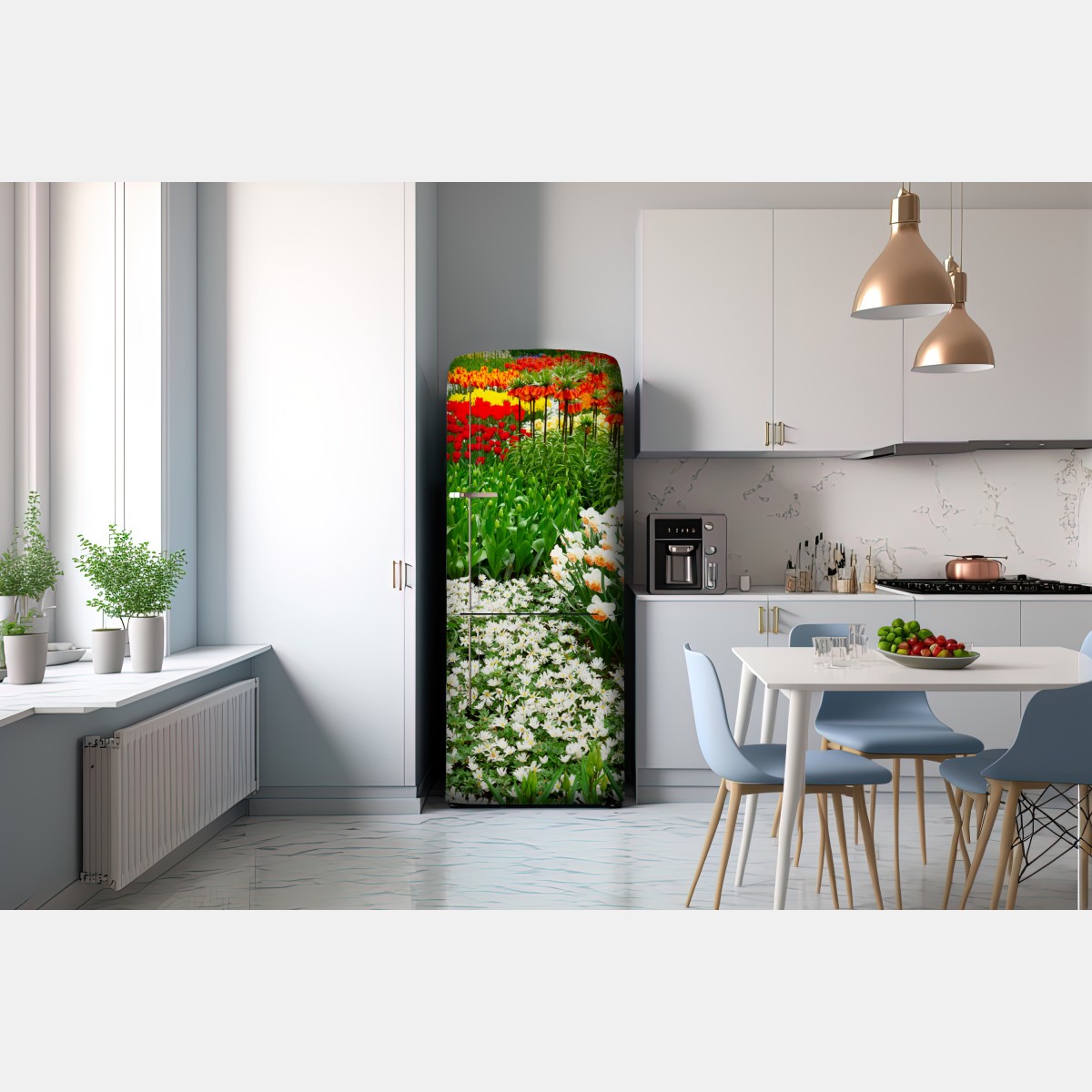 Naklejka na lodówkę żywy wiosenny ogród kwiatowy – Wallissimo® Naklejka na lodówkę żywy wiosenny ogród kwiatowy – Wallissimo®