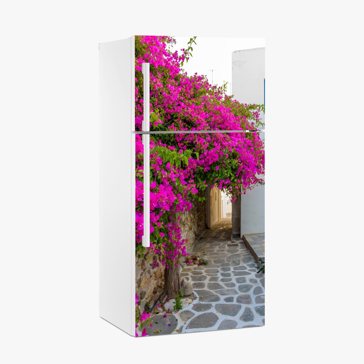 Fridge sticker blooming bougainvillea in Naousa alley – Wallissimo®