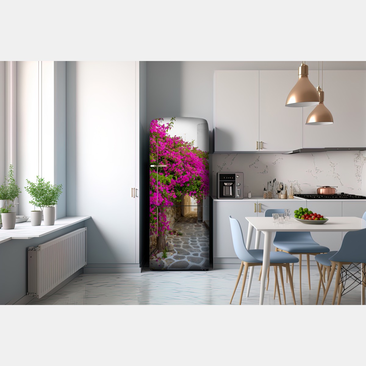 Naklejka na lodówkę kwitnąca bugenwilla w uliczce Naousa – Wallissimo® Naklejka na lodówkę kwitnąca bugenwilla w uliczce Naousa – Wallissimo®
