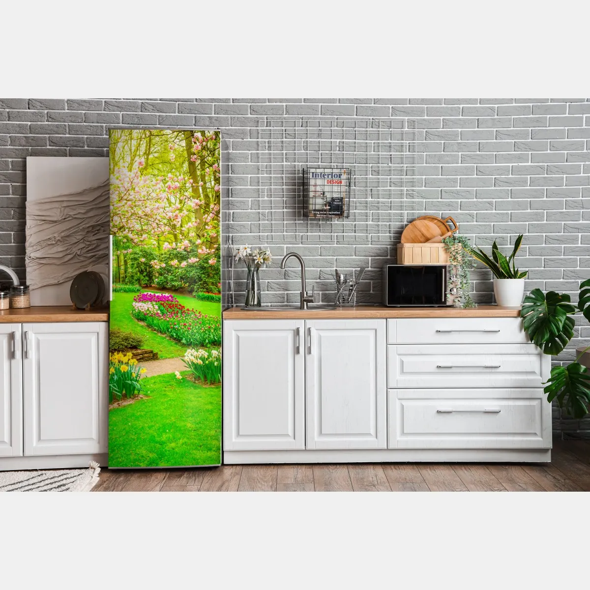 Naklejka na lodówkę wiosenny ogród w rozkwicie: tulipany i kwiat wiśni – Wallissimo® Naklejka na lodówkę wiosenny ogród w rozkwicie: tulipany i kwiat wiśni – Wallissimo®