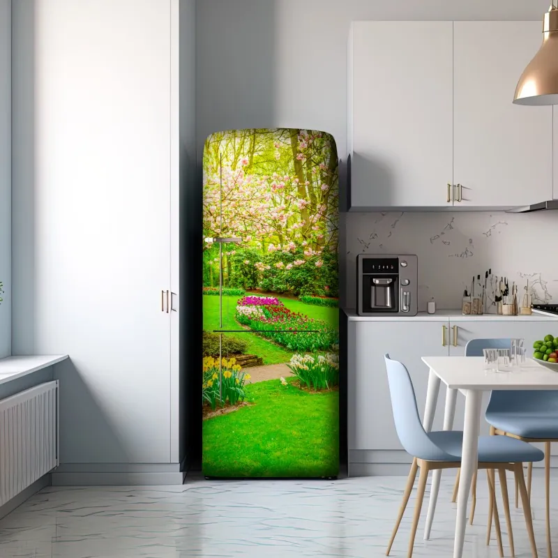 Naklejka na lodówkę wiosenny ogród w rozkwicie: tulipany i kwiat wiśni – Wallissimo® Naklejka na lodówkę wiosenny ogród w rozkwicie: tulipany i kwiat wiśni – Wallissimo®