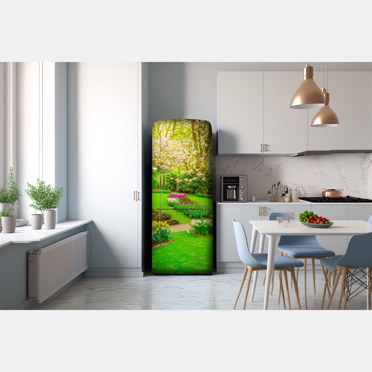 Naklejka na lodówkę wiosenny ogród w rozkwicie: tulipany i kwiat wiśni – Wallissimo® Naklejka na lodówkę wiosenny ogród w rozkwicie: tulipany i kwiat wiśni – Wallissimo®