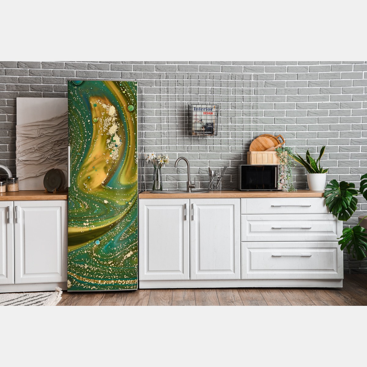 Naklejka na lodówkę zielono-złota płynna marmurkowa grafika – Wallissimo® Naklejka na lodówkę zielono-złota płynna marmurkowa grafika – Wallissimo®