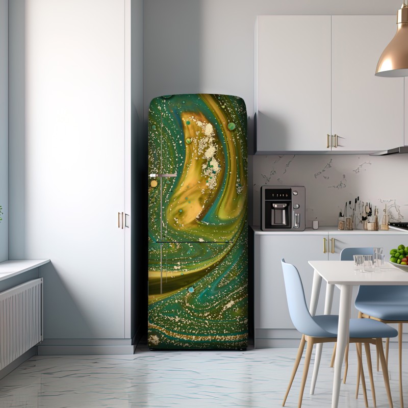 Naklejka na lodówkę zielono-złota płynna marmurkowa grafika – Wallissimo® Naklejka na lodówkę zielono-złota płynna marmurkowa grafika – Wallissimo®