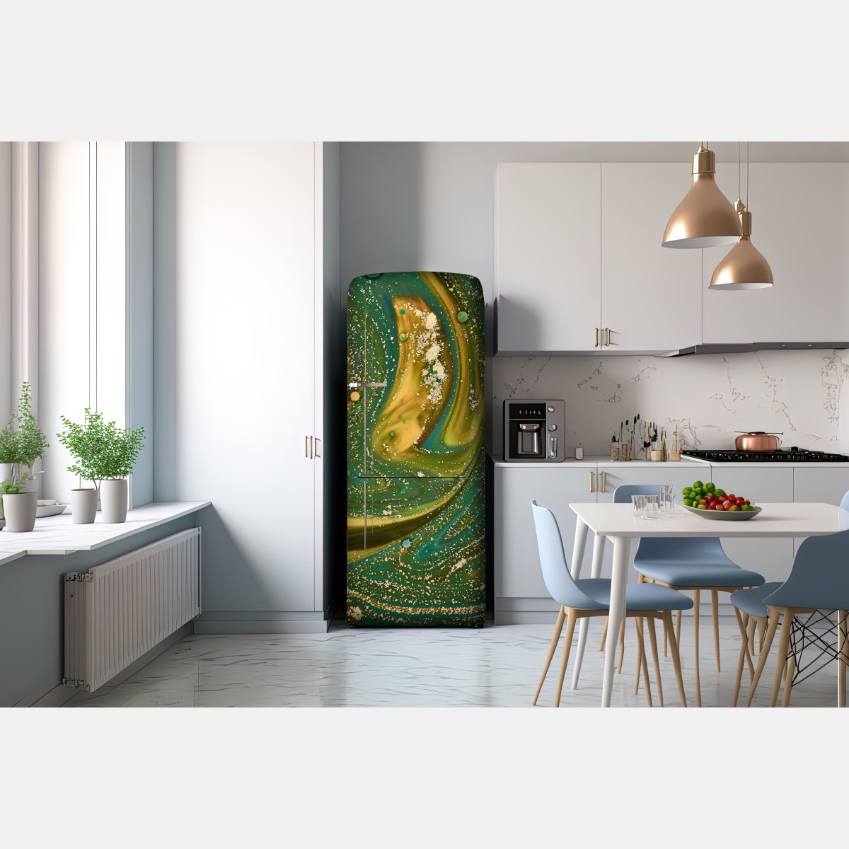 Naklejka na lodówkę zielono-złota płynna marmurkowa grafika – Wallissimo® Naklejka na lodówkę zielono-złota płynna marmurkowa grafika – Wallissimo®