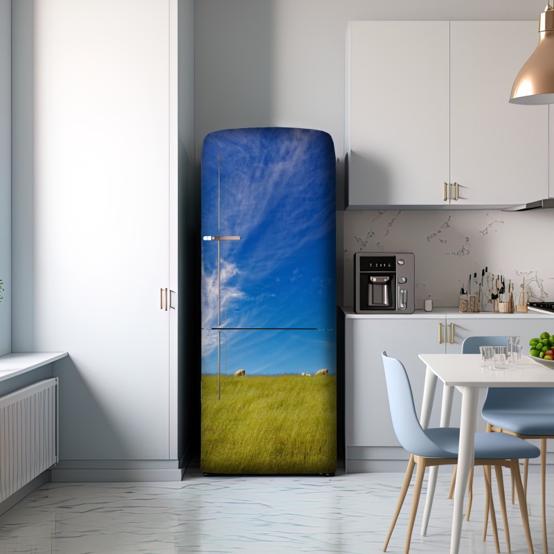 Naklejka na lodówkę spokojna łąka pod błękitnym niebem – Wallissimo® Naklejka na lodówkę spokojna łąka pod błękitnym niebem – Wallissimo®