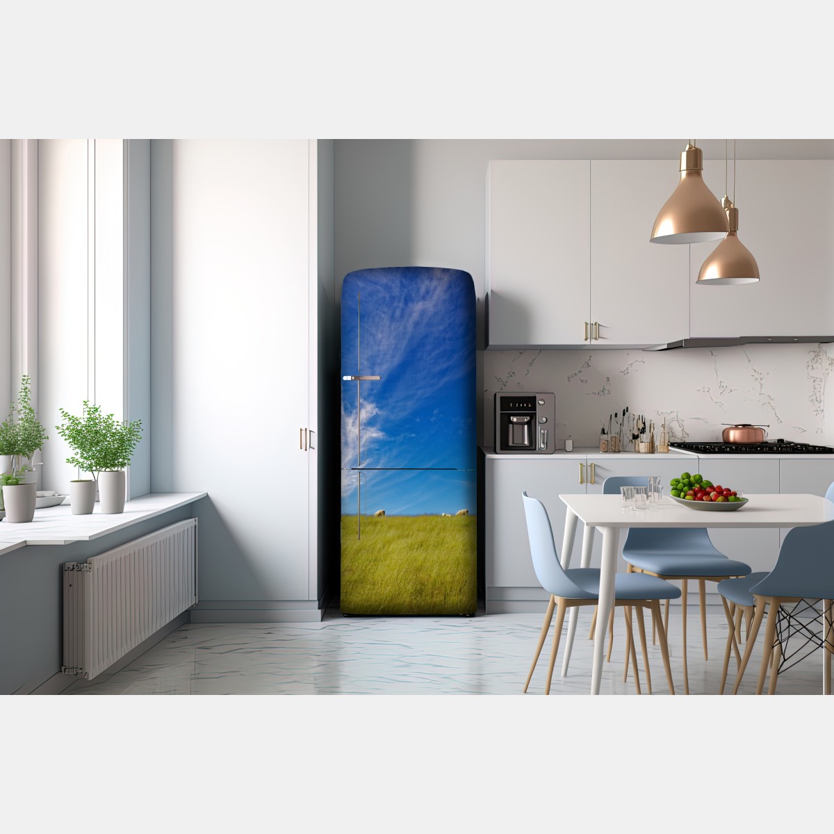 Naklejka na lodówkę spokojna łąka pod błękitnym niebem – Wallissimo® Naklejka na lodówkę spokojna łąka pod błękitnym niebem – Wallissimo®