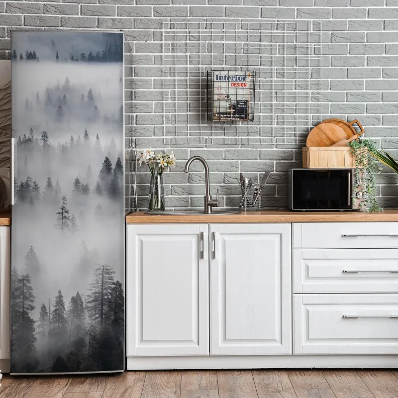 Naklejka na lodówkę odważna geometryczna elewacja w pomarańczy i turkusie – Wallissimo®