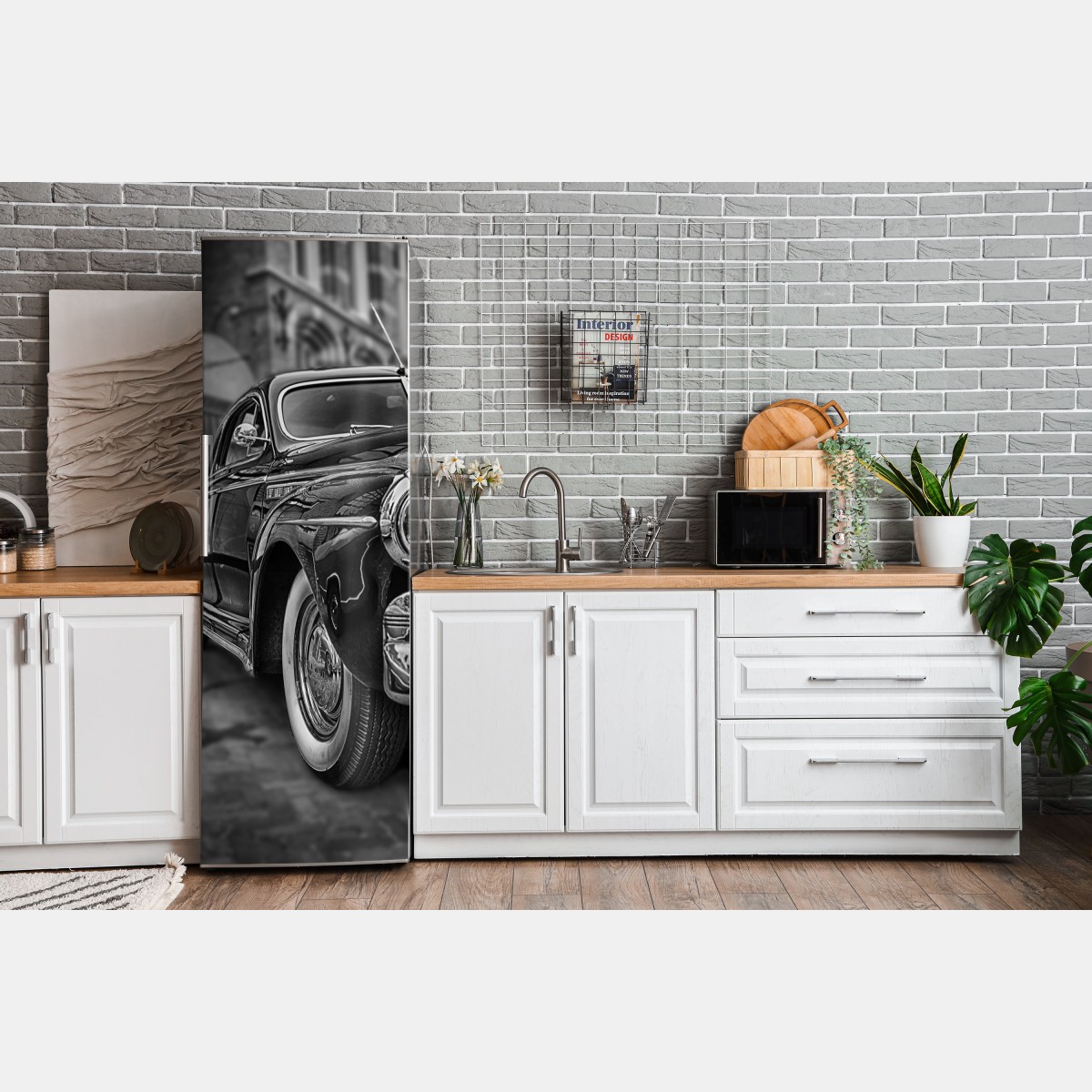 Naklejka na lodówkę zabytkowy klasyczny samochód na brukowanej ulicy – Wallissimo® Naklejka na lodówkę zabytkowy klasyczny samochód na brukowanej ulicy – Wallissimo®