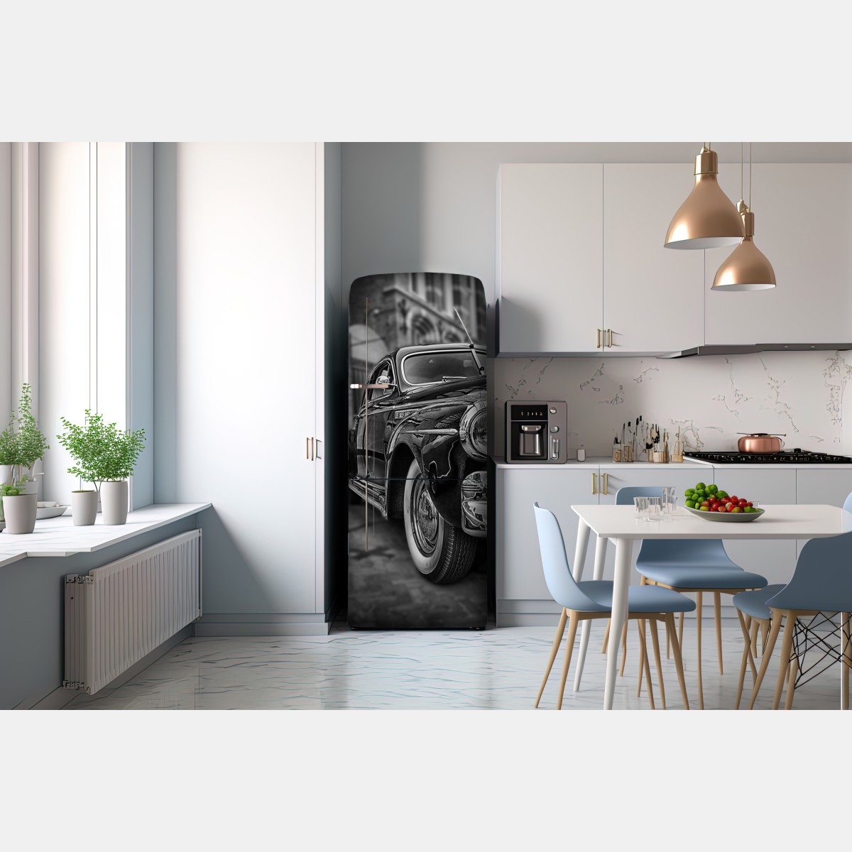 Naklejka na lodówkę zabytkowy klasyczny samochód na brukowanej ulicy – Wallissimo® Naklejka na lodówkę zabytkowy klasyczny samochód na brukowanej ulicy – Wallissimo®