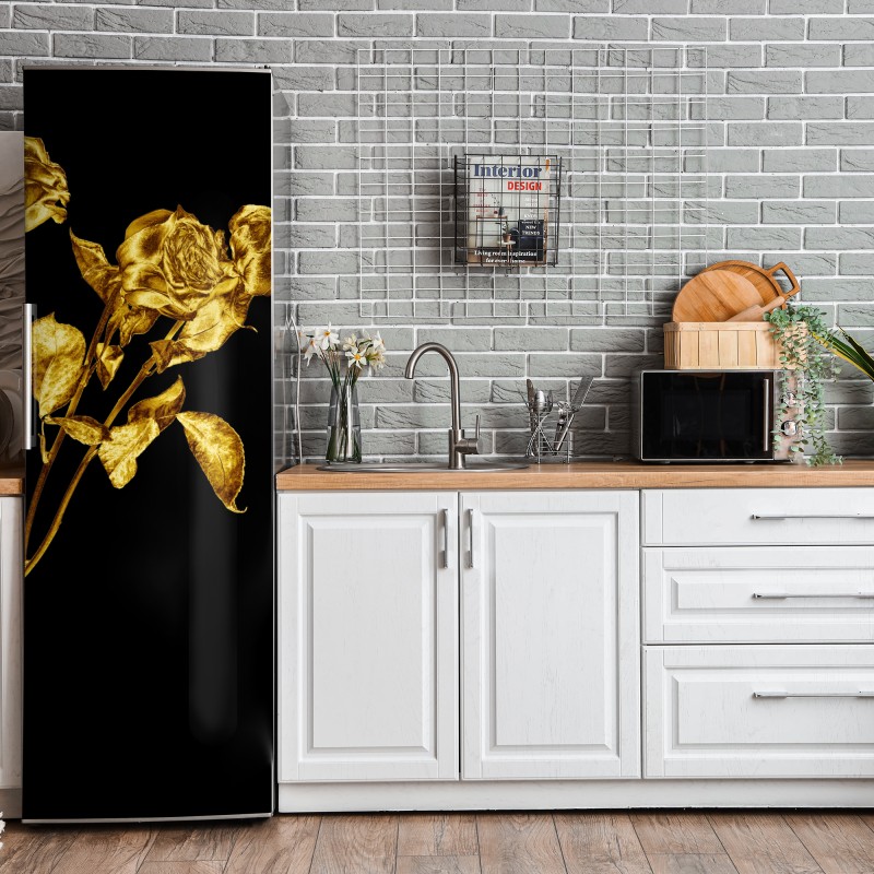 Naklejka na lodówkę złote róże na czarnym tle – Wallissimo® Naklejka na lodówkę złote róże na czarnym tle – Wallissimo®