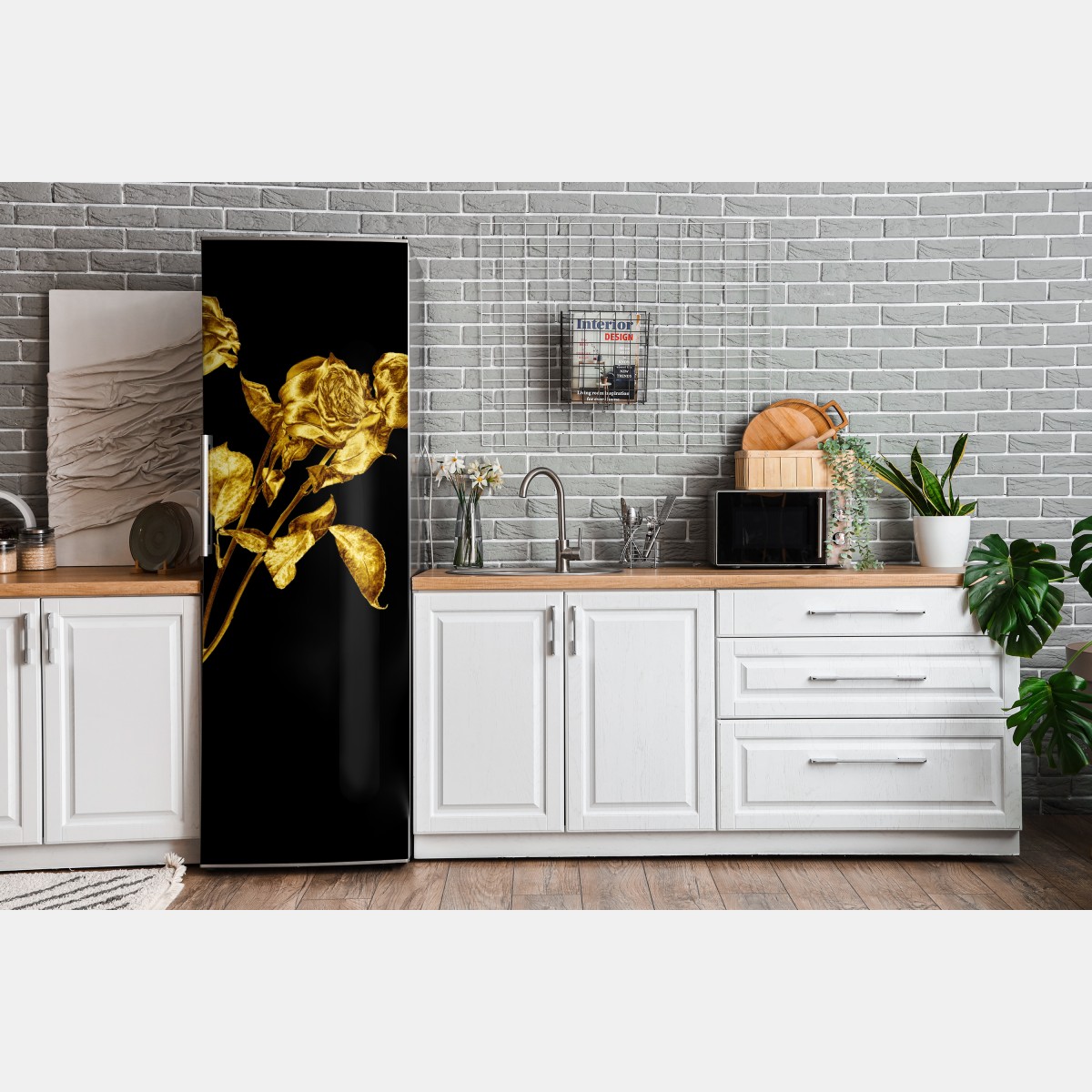 Naklejka na lodówkę złote róże na czarnym tle – Wallissimo® Naklejka na lodówkę złote róże na czarnym tle – Wallissimo®