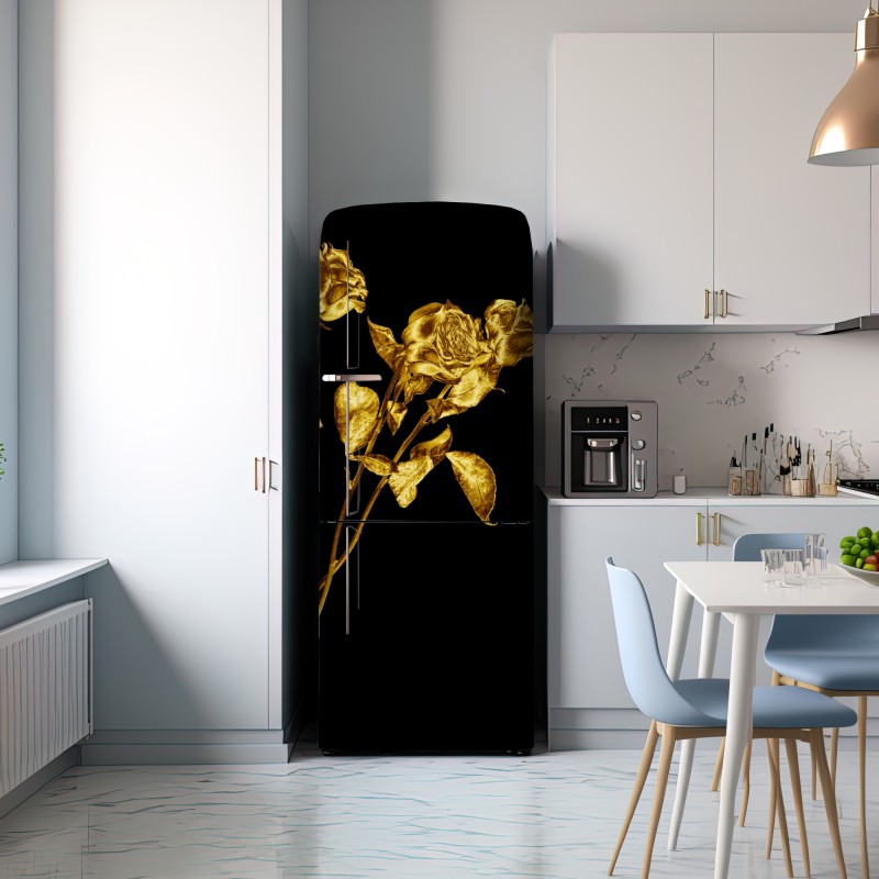 Naklejka na lodówkę złote róże na czarnym tle – Wallissimo® Naklejka na lodówkę złote róże na czarnym tle – Wallissimo®
