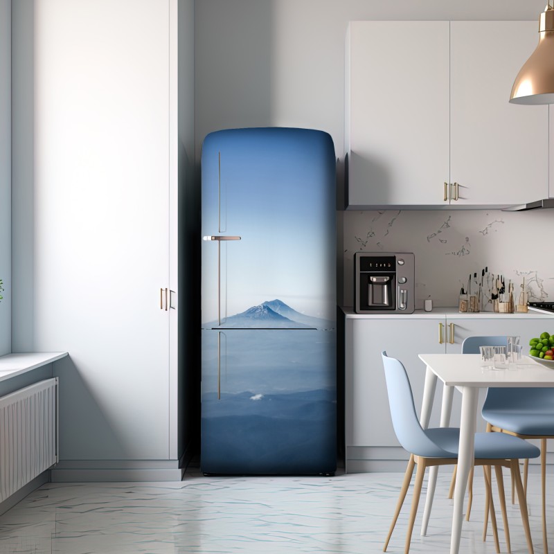 Naklejka na lodówkę mglisty niebieski szczyt górski – Wallissimo® Naklejka na lodówkę mglisty niebieski szczyt górski – Wallissimo®