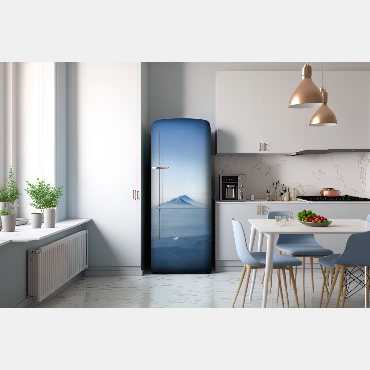 Naklejka na lodówkę mglisty niebieski szczyt górski – Wallissimo® Naklejka na lodówkę mglisty niebieski szczyt górski – Wallissimo®