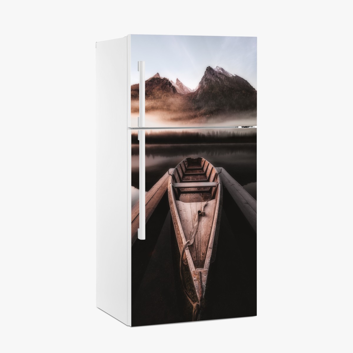Fridge sticker misty mountain boat at dawn – Wallissimo®