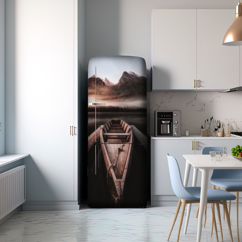 Naklejka na lodówkę mglista łódź przy górskim jeziorze – Wallissimo® Naklejka na lodówkę mglista łódź przy górskim jeziorze – Wallissimo®