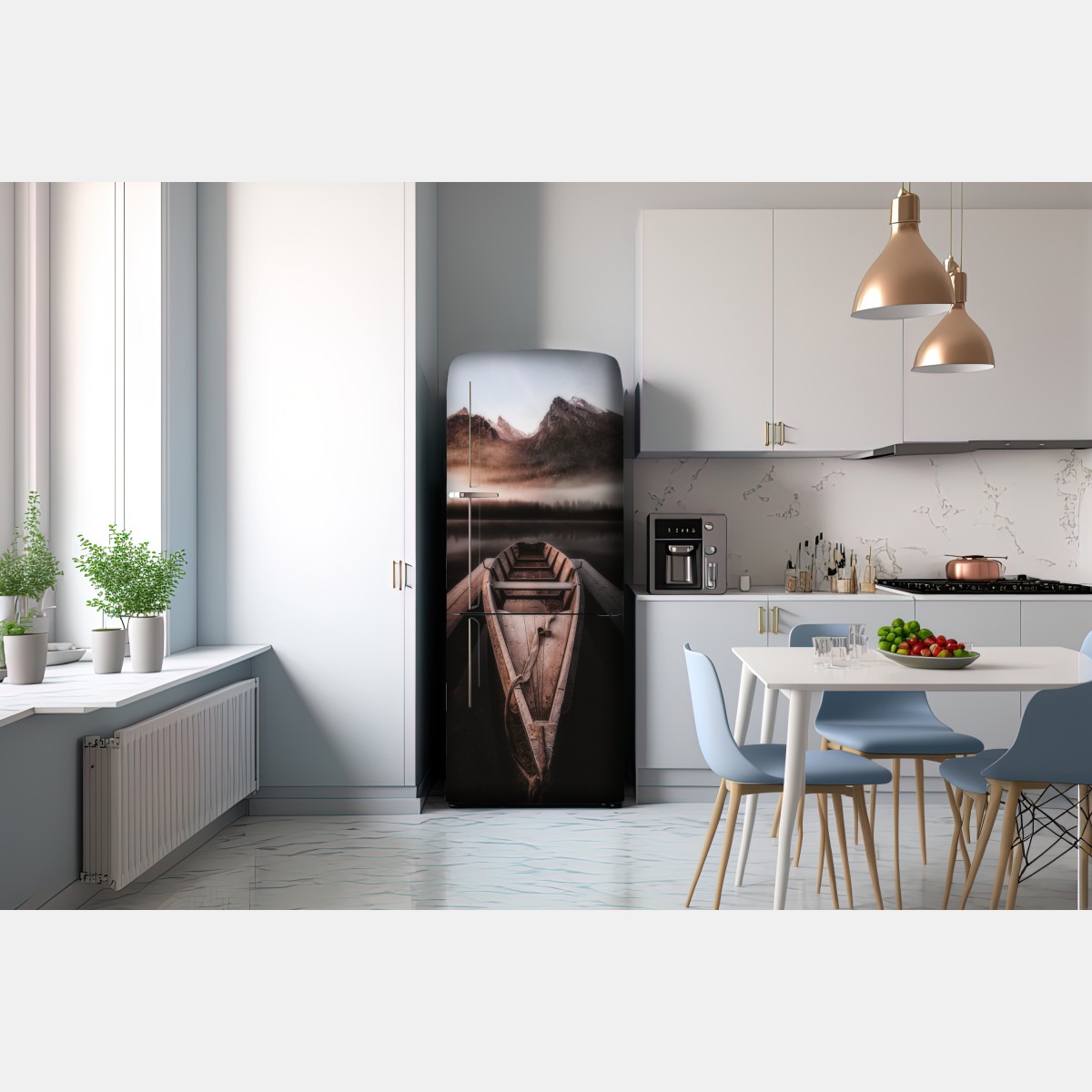 Naklejka na lodówkę mglista łódź przy górskim jeziorze – Wallissimo® Naklejka na lodówkę mglista łódź przy górskim jeziorze – Wallissimo®