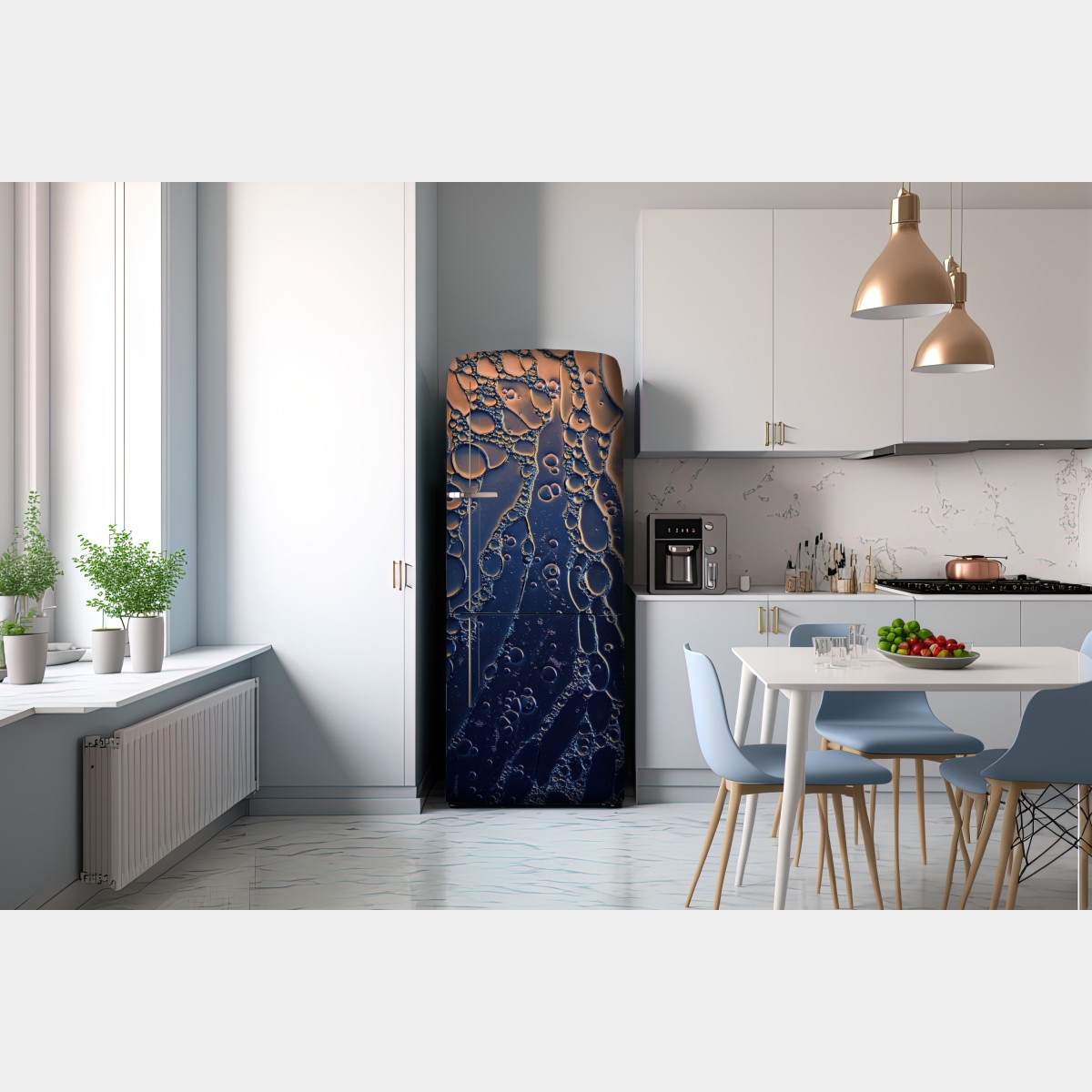 Naklejka na lodówkę niebiesko-złote abstrakcyjne bąbelki – Wallissimo® Naklejka na lodówkę niebiesko-złote abstrakcyjne bąbelki – Wallissimo®
