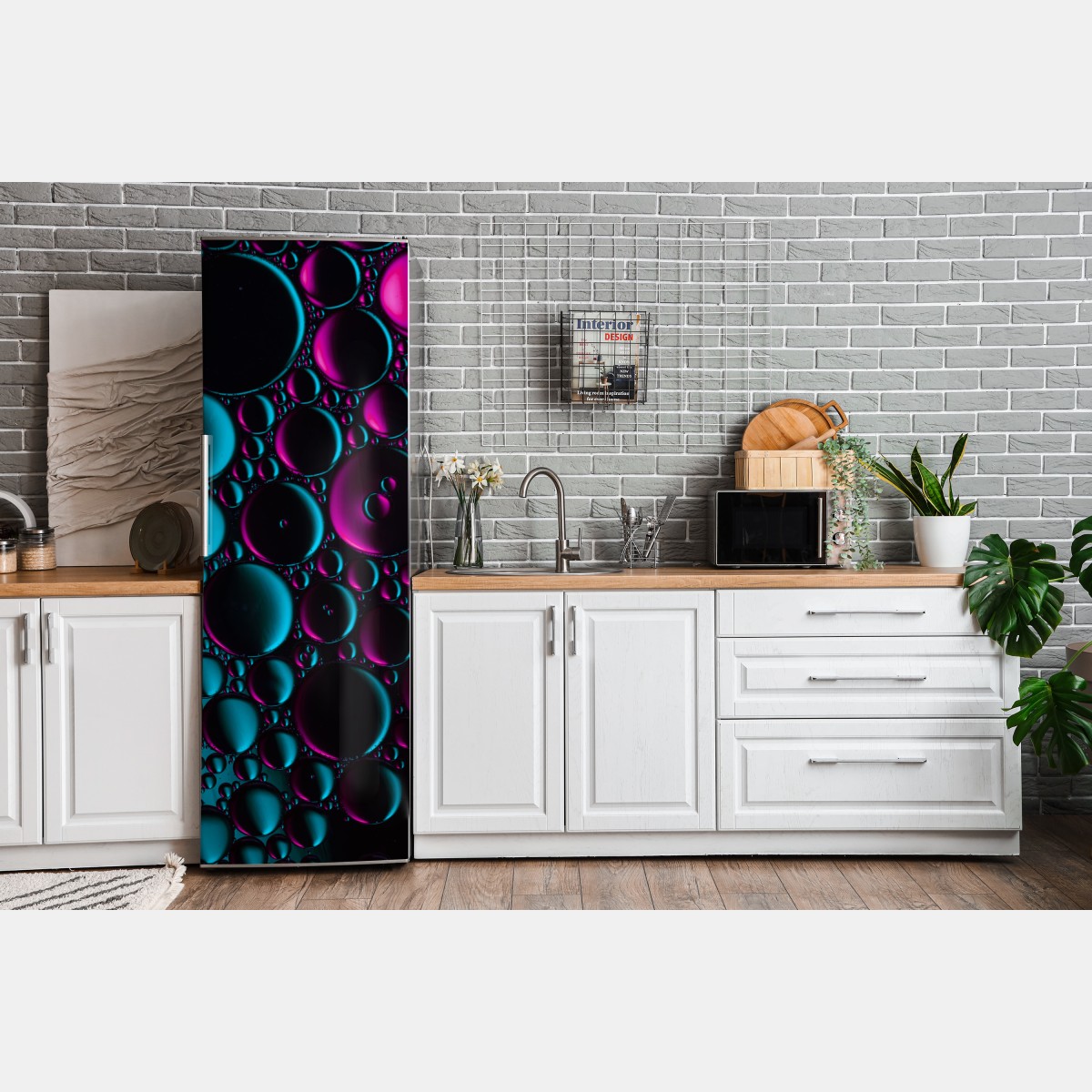 Naklejka na lodówkę turkusowo-magenta wzór bąbelków – Wallissimo® Naklejka na lodówkę turkusowo-magenta wzór bąbelków – Wallissimo®
