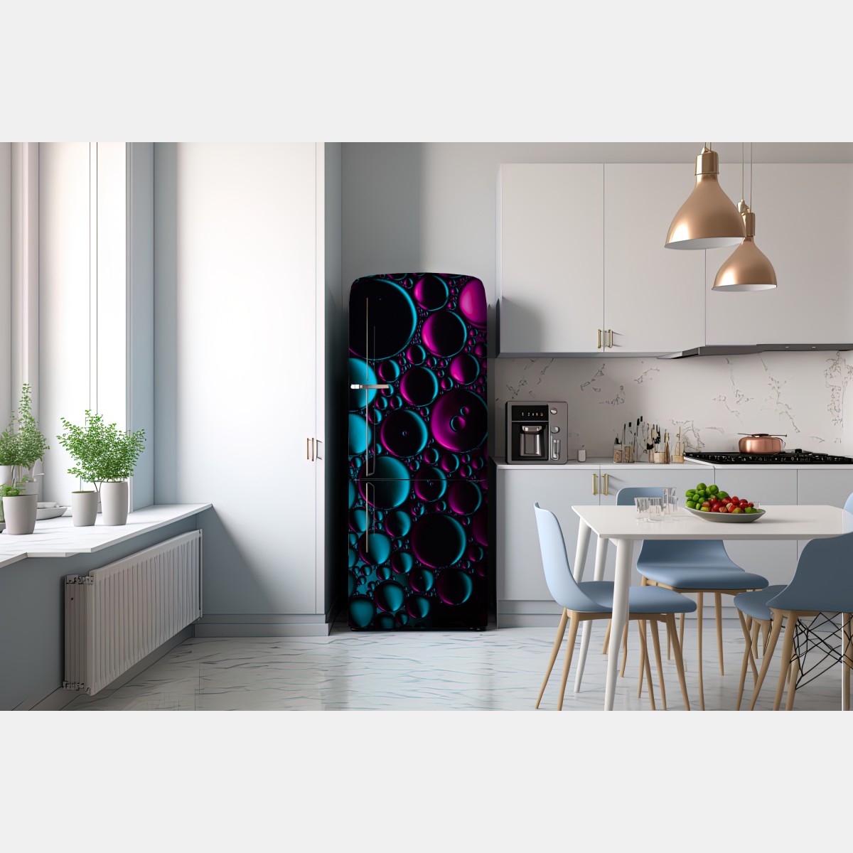 Naklejka na lodówkę turkusowo-magenta wzór bąbelków – Wallissimo® Naklejka na lodówkę turkusowo-magenta wzór bąbelków – Wallissimo®