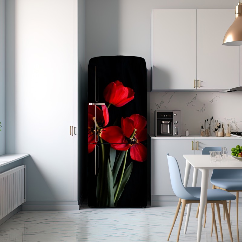 Naklejka na lodówkę trzy czerwone tulipany na czarnym tle – Wallissimo® Naklejka na lodówkę trzy czerwone tulipany na czarnym tle – Wallissimo®