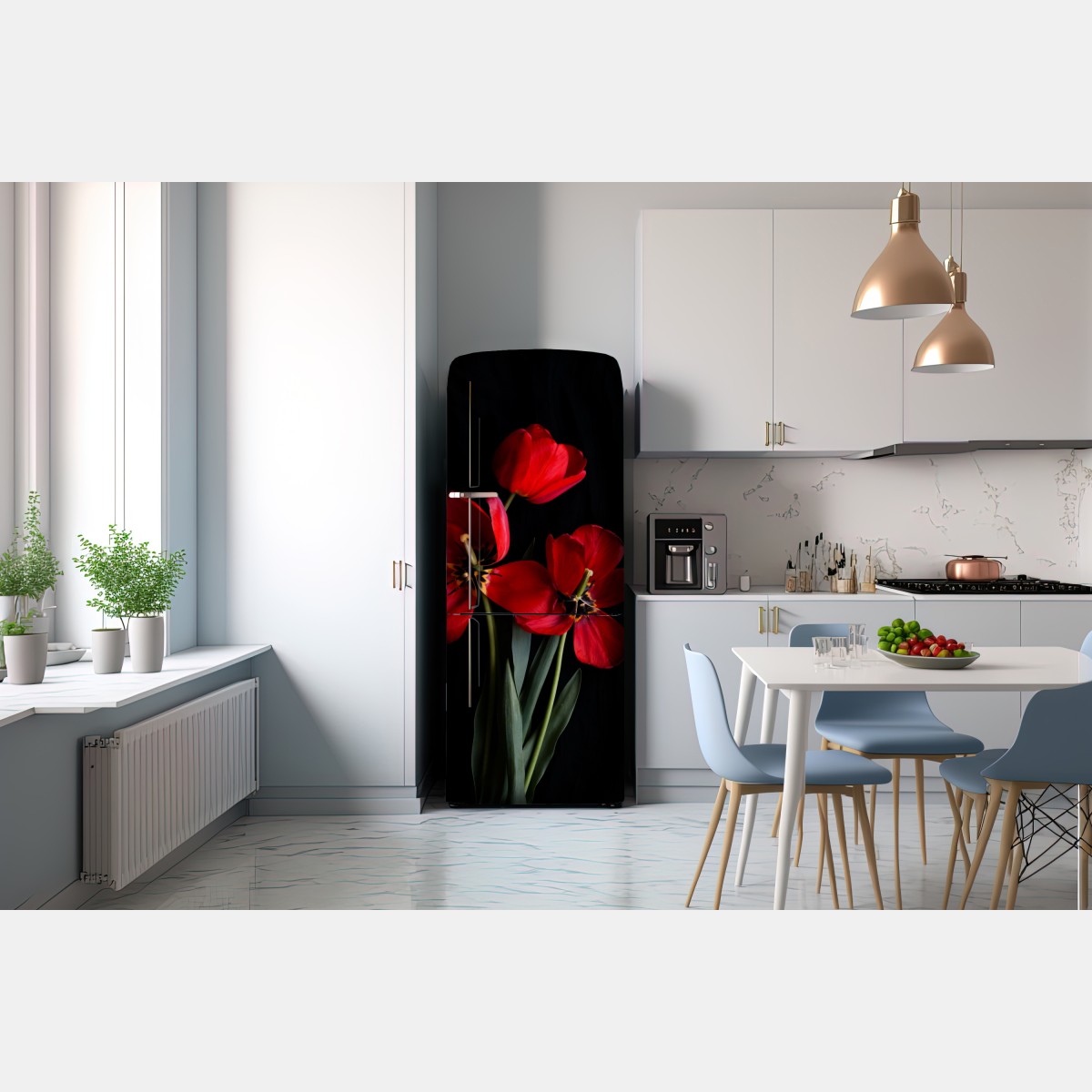 Naklejka na lodówkę trzy czerwone tulipany na czarnym tle – Wallissimo® Naklejka na lodówkę trzy czerwone tulipany na czarnym tle – Wallissimo®