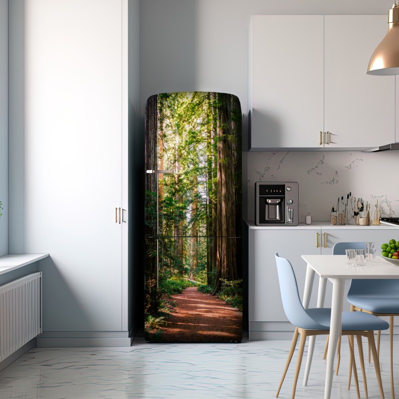 Naklejka na lodówkę majestatyczna ścieżka w lesie sekwoi – Wallissimo® Naklejka na lodówkę majestatyczna ścieżka w lesie sekwoi – Wallissimo®