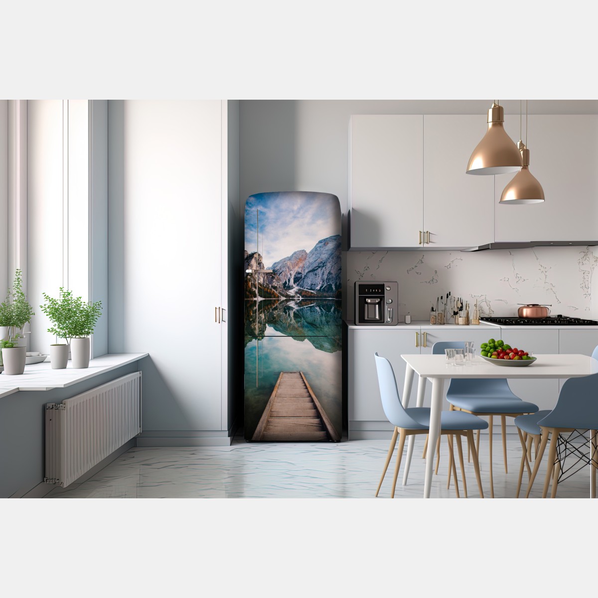 Naklejka na lodówkę spokojne alpejskie jezioro z drewnianym pomostem – Wallissimo® Naklejka na lodówkę spokojne alpejskie jezioro z drewnianym pomostem – Wallissimo®