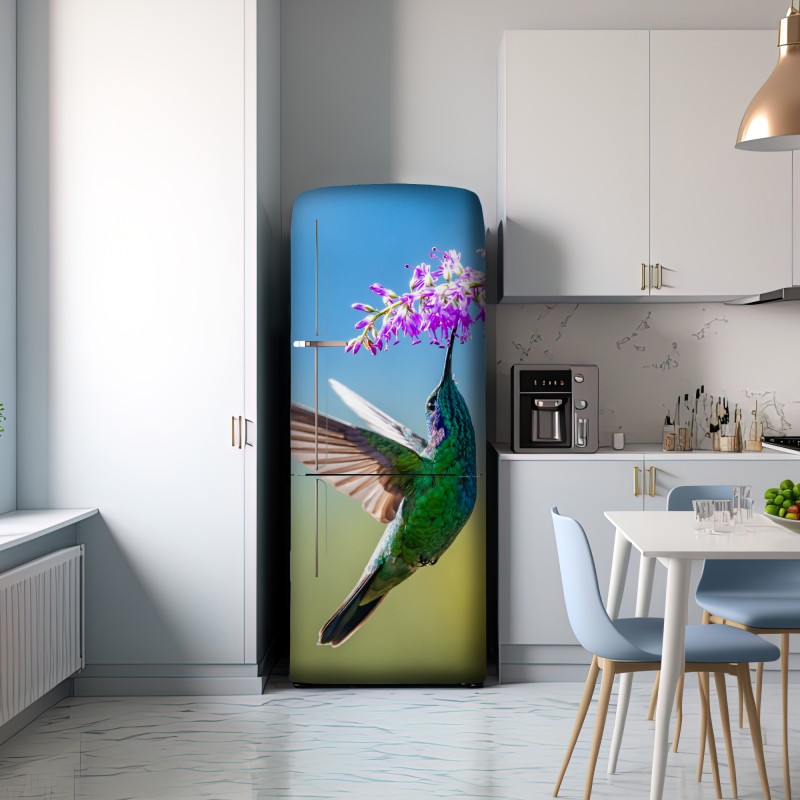 Naklejka na lodówkę koliber przy fioletowym kwiecie – Wallissimo® Naklejka na lodówkę koliber przy fioletowym kwiecie – Wallissimo®