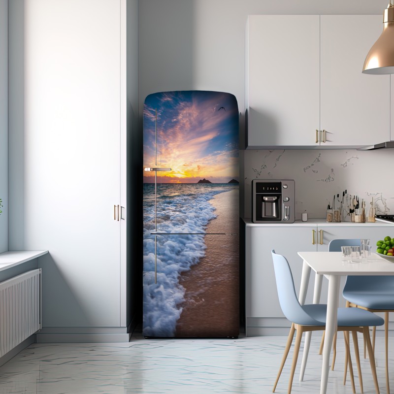 Naklejka na lodówkę spokojny wschód słońca nad brzegiem oceanu – Wallissimo® Naklejka na lodówkę spokojny wschód słońca nad brzegiem oceanu – Wallissimo®