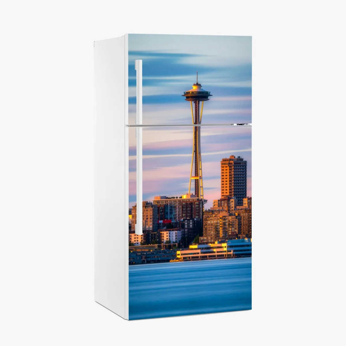 Naklejka na lodówkę panorama Seattle ze Space Needle o zachodzie słońca – Wallissimo® Naklejka na lodówkę panorama Seattle ze Space Needle o zachodzie słońca – Wallissimo®