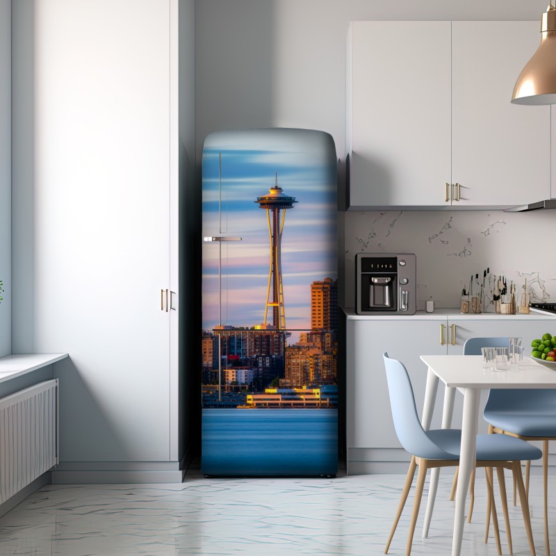 Naklejka na lodówkę panorama Seattle ze Space Needle o zachodzie słońca – Wallissimo® Naklejka na lodówkę panorama Seattle ze Space Needle o zachodzie słońca – Wallissimo®