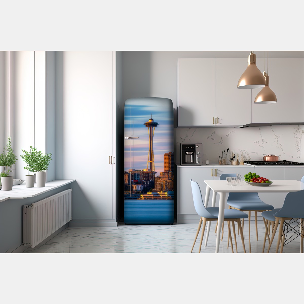 Naklejka na lodówkę panorama Seattle ze Space Needle o zachodzie słońca – Wallissimo® Naklejka na lodówkę panorama Seattle ze Space Needle o zachodzie słońca – Wallissimo®