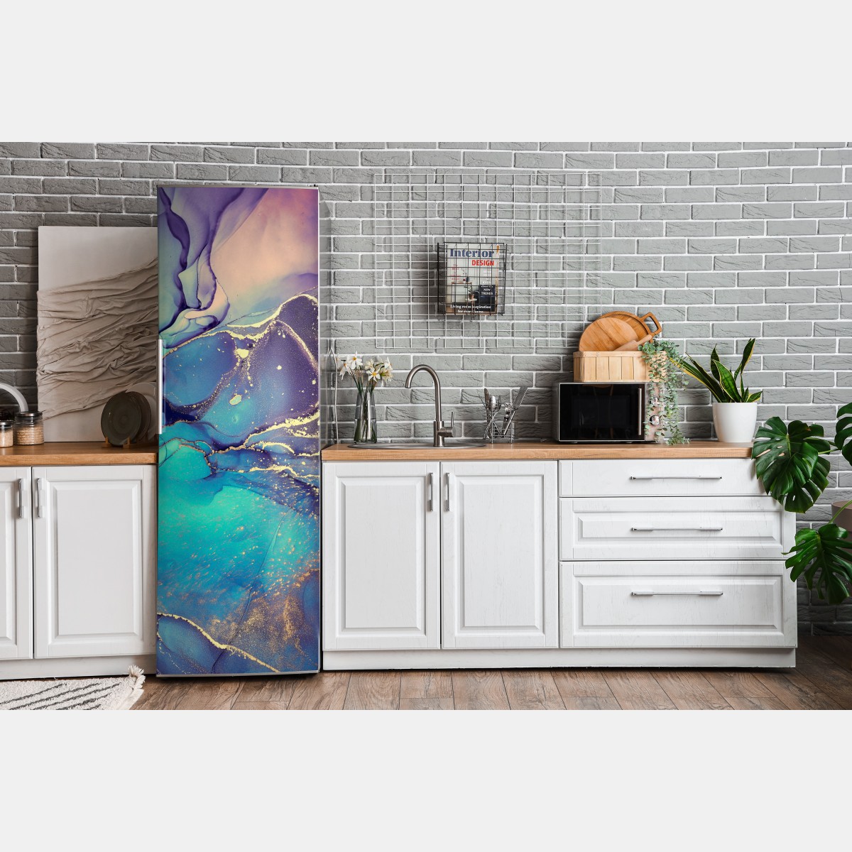 Naklejka na lodówkę turkusowo-złota płynna marmurkowa abstrakcja – Wallissimo® Naklejka na lodówkę turkusowo-złota płynna marmurkowa abstrakcja – Wallissimo®