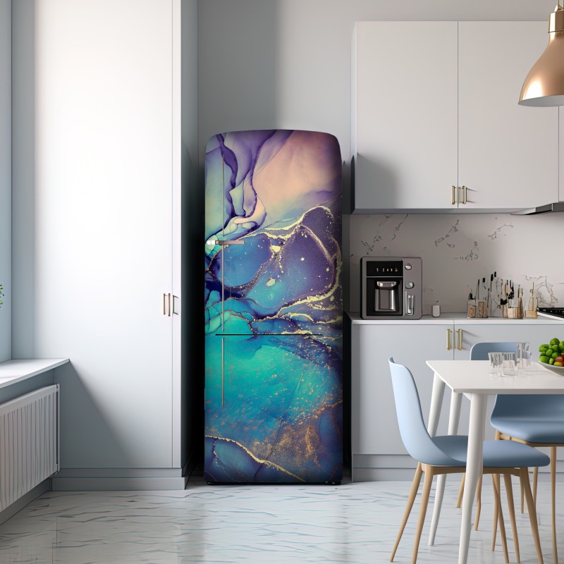 Naklejka na lodówkę turkusowo-złota płynna marmurkowa abstrakcja – Wallissimo® Naklejka na lodówkę turkusowo-złota płynna marmurkowa abstrakcja – Wallissimo®